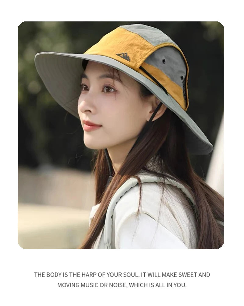 New Unisex Quick Drying Retro Bucket Hats Color Block Sunshade Outdoor Breathable Drawstring Casual Alpine Cap Versatile Fashion