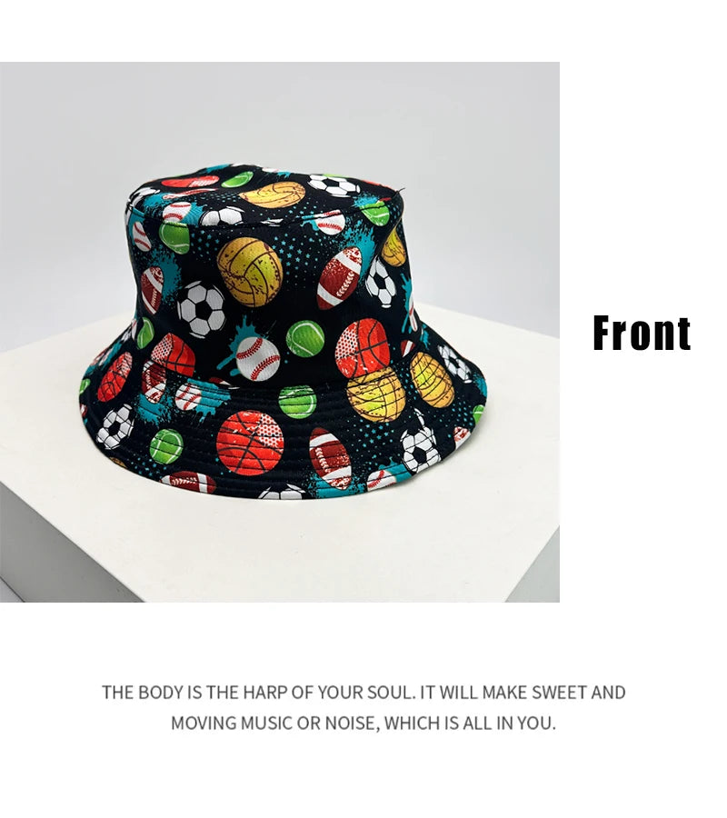 New Unisex Graffiti Ball Bucket Hats Sunshade Retro Double Sided Wearable Fashion Outdoor Fisherman Caps Versatile Street Print