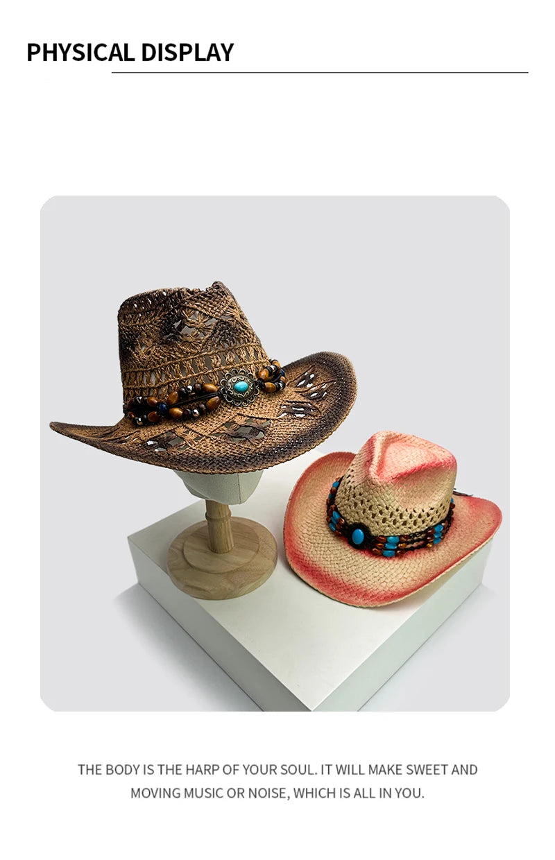 New Unisex Exotic Style Retro Bandhnu Travel Cowboy Hats Outdoor Beading Beach Sunshade Niche Straw Caps Versatile Hollow Out