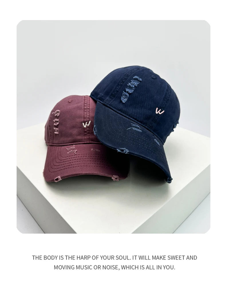 New Unisex Embroidered W Letters Solid Baseball Hats Breathable Broken Sunshade Simple Peaked Caps Versatile Casual Fashion ins