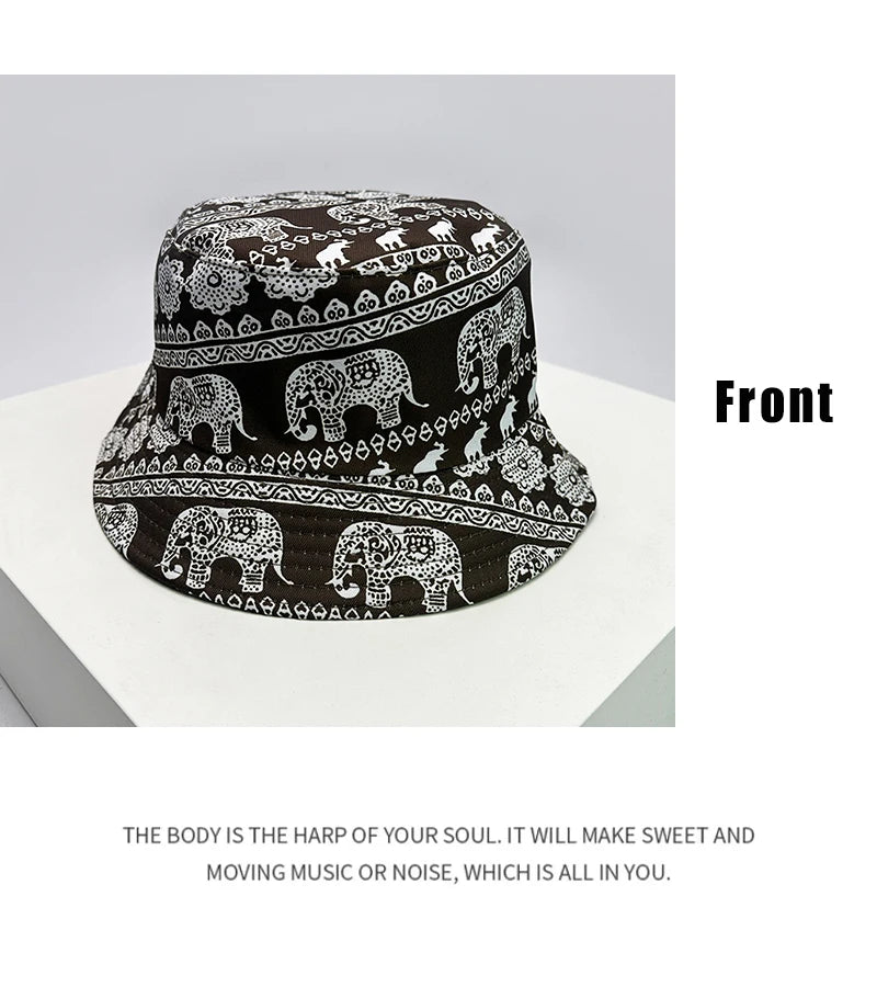 New Unisex Print Elephant Flower Bucket Hats Casual Sunshade Versatile Ethnic Style Double Sided Wearable Fisherman Caps Fashion