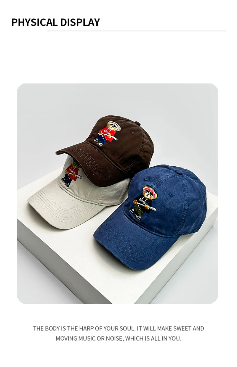 New Unisex Cartoon Cool Bear Embroidery Baseball Hats Breathable Interesting Sunshade Casual Peaked Caps Versatile Fashion Retro