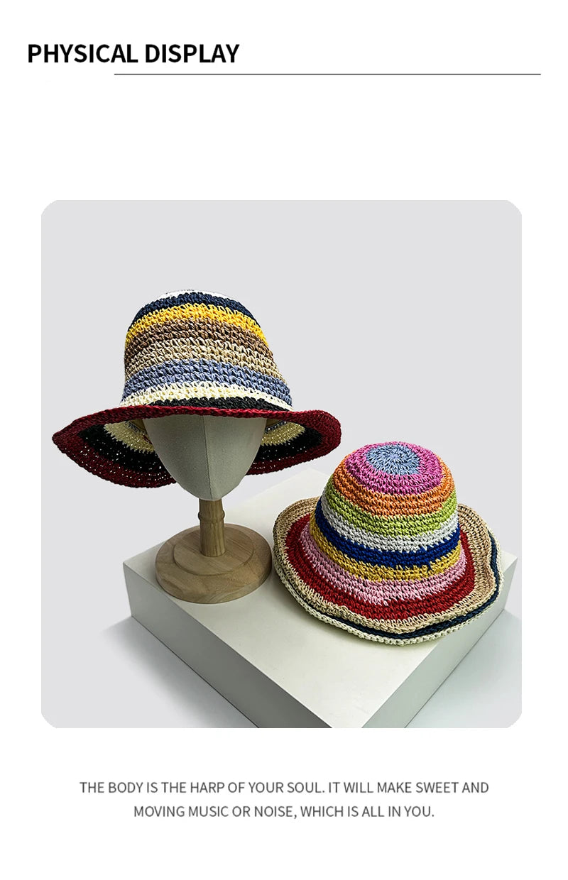 New Women Contrasting Colors Striped Bucket Hats Outdoor Sunshade Travel Breathable Casual Versatile Straw Caps Fashion Braided