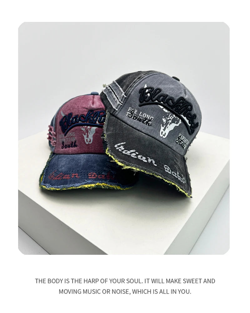 New Unisex Distress Letter embroidery Baseball Hats Breathable Broken Sunshade Personal Peaked Caps Versatile Fashion Retro ins