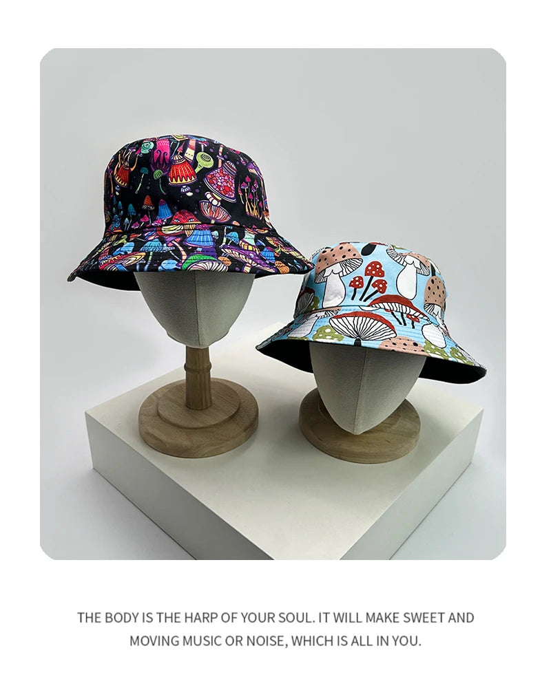 New Unisex Graffiti Colored Mushrooms Bucket Hats Double Sided Wearable Sunshade Personal Versatile Fisherman Caps Fashion Retro