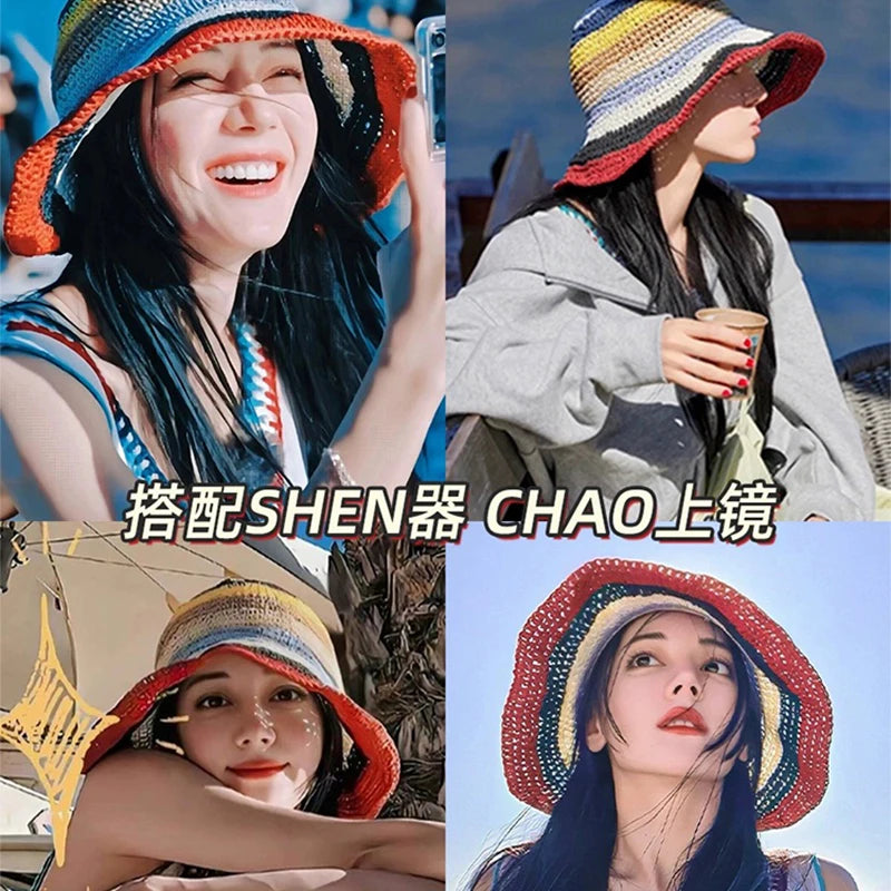 New Women Contrasting Colors Striped Bucket Hats Outdoor Sunshade Travel Breathable Casual Versatile Straw Caps Fashion Braided