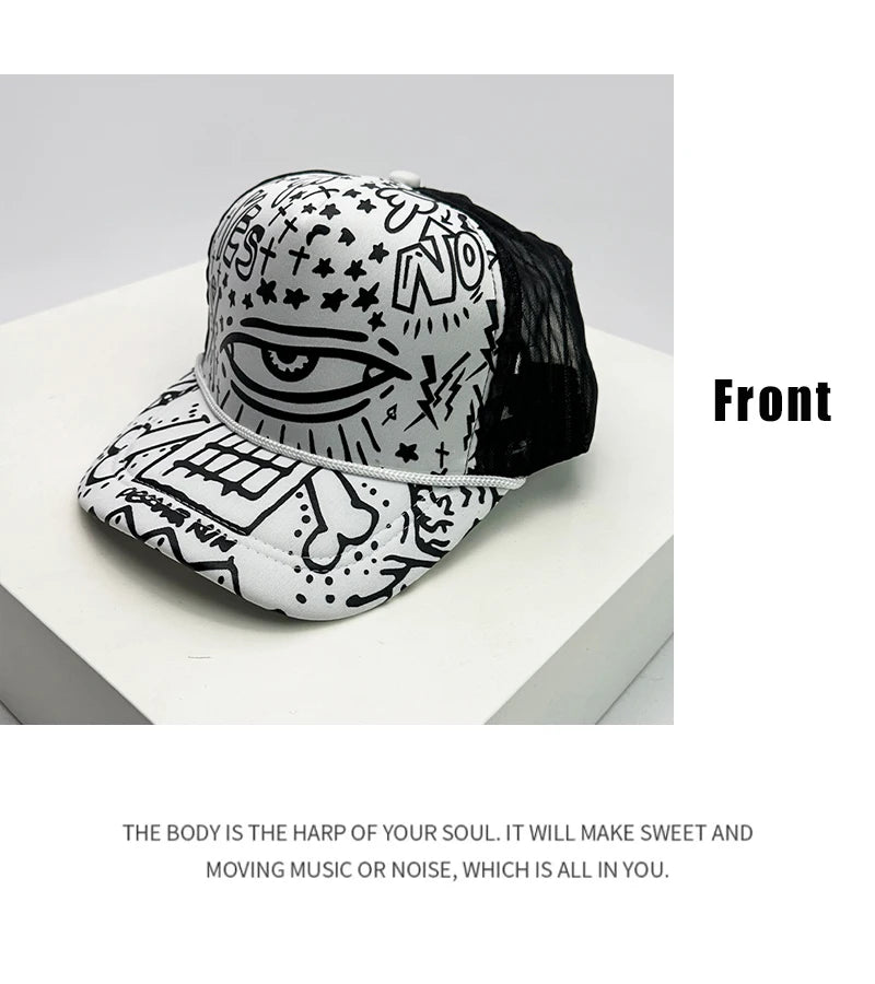 New Fashion Men Women Printed Cartoon Baseball Caps Breathable Sunshade Versatile Korean Hip Hop Half Mesh Hats ins Trend Street