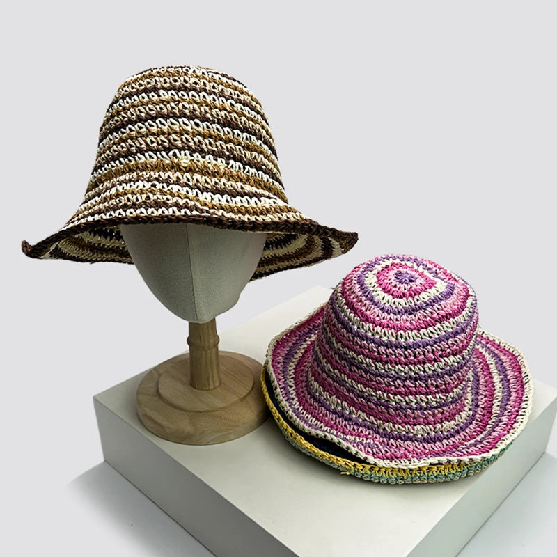 New Women Bohemian Striped Bucket Hats Sunshade Outdoor Breathable Travel Versatile Beach Straw Caps Fashion Personal Niche ins