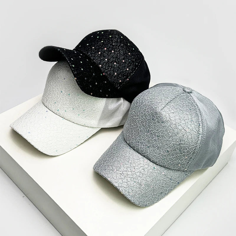 New Women Sequin Solid Baseball Hats Personal Breathable Outdoor Sunshade Casual Mesh Caps Versatile Fashion Korean Comfortable