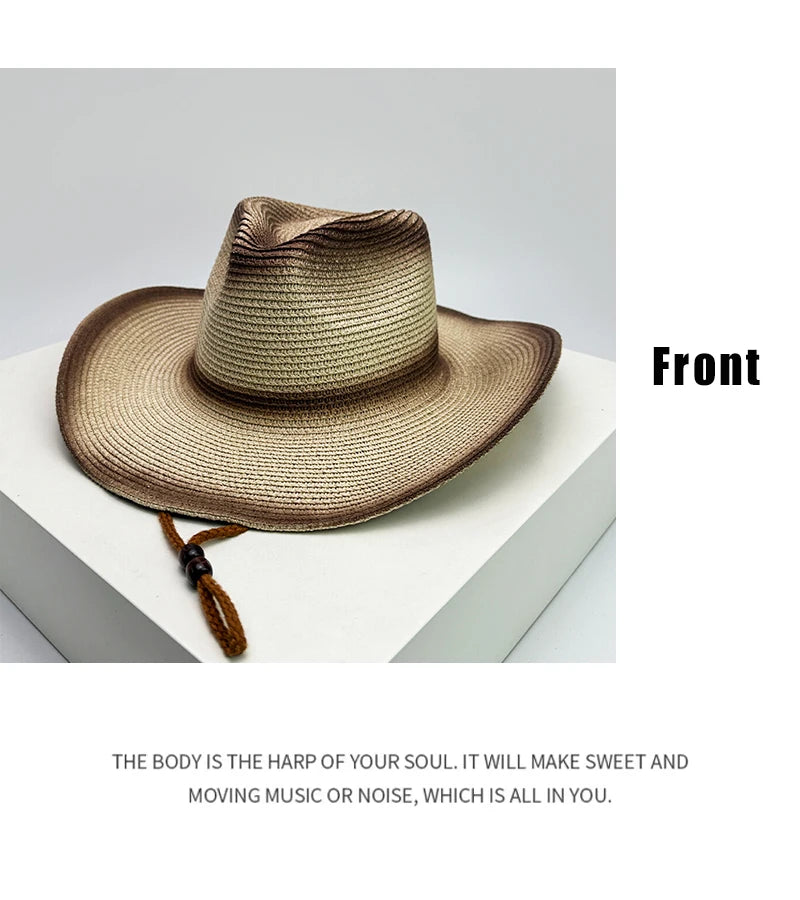 New Unisex Jazz Gradient Beach Cowboy Hats Windproof Rope Outdoor Climb Sunshade Travel Foldable Straw Caps Versatile Bandhnu