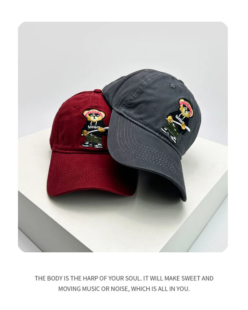 New Unisex Cartoon Cool Bear Embroidery Baseball Hats Breathable Interesting Sunshade Casual Peaked Caps Versatile Fashion Retro