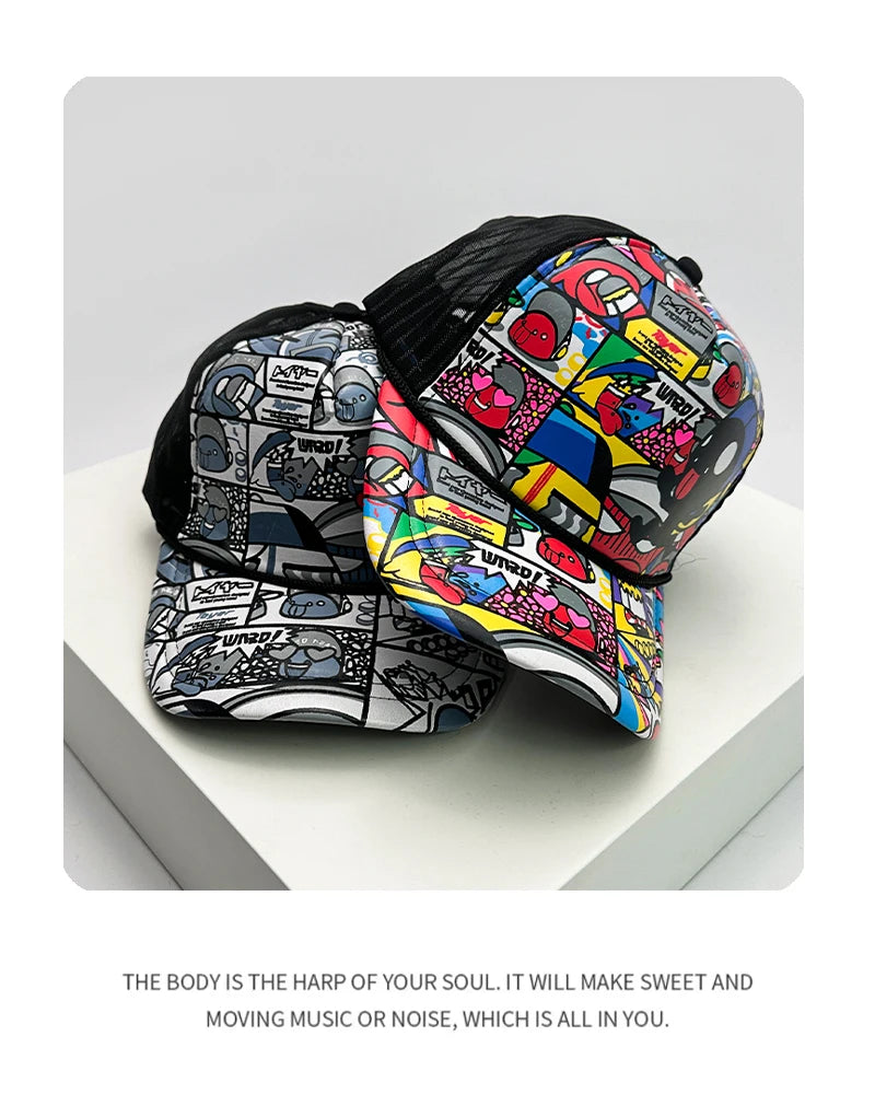 New Fashion Men Women Printed Cartoon Baseball Caps Breathable Sunshade Versatile Korean Hip Hop Half Mesh Hats ins Trend Street