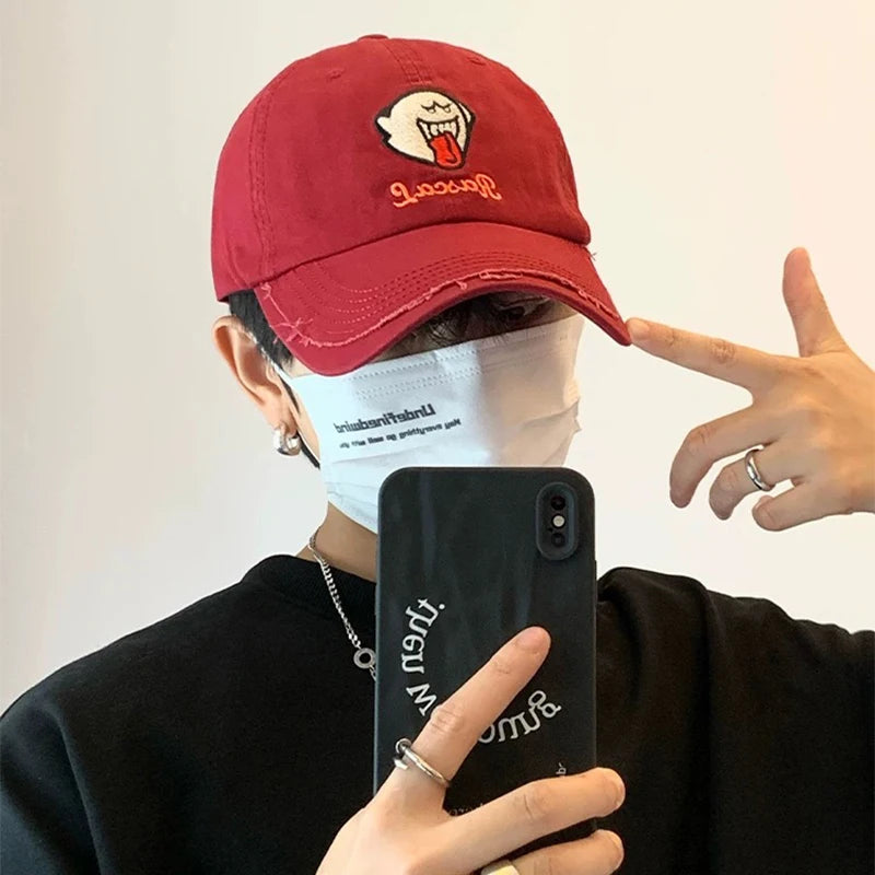 New Unisex Funny Embroidery Cartoon Baseball Hats Breathable Personal Sunshade Halloween Peaked Caps Versatile Fashion Broken