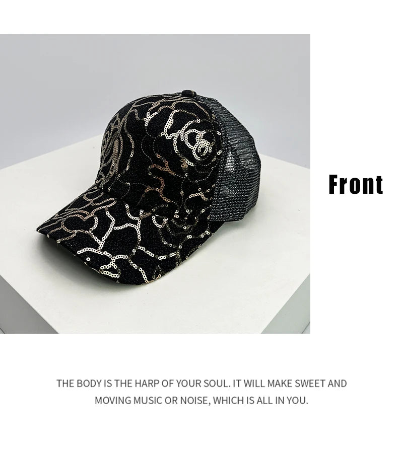 New Women Sequin Rose Baseball Hats Outdoor Breathable Casual Sunshade Personal Peaked Caps Versatile Fashion Westernized Retro