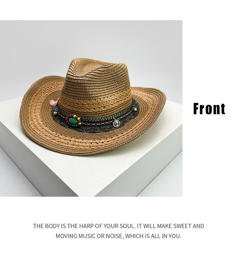 New Unisex Bohemian Style Beach Cowboy Hats Travel Personal Sunshade Distress Outdoor Ethnic Style Straw Caps Versatile Foldable