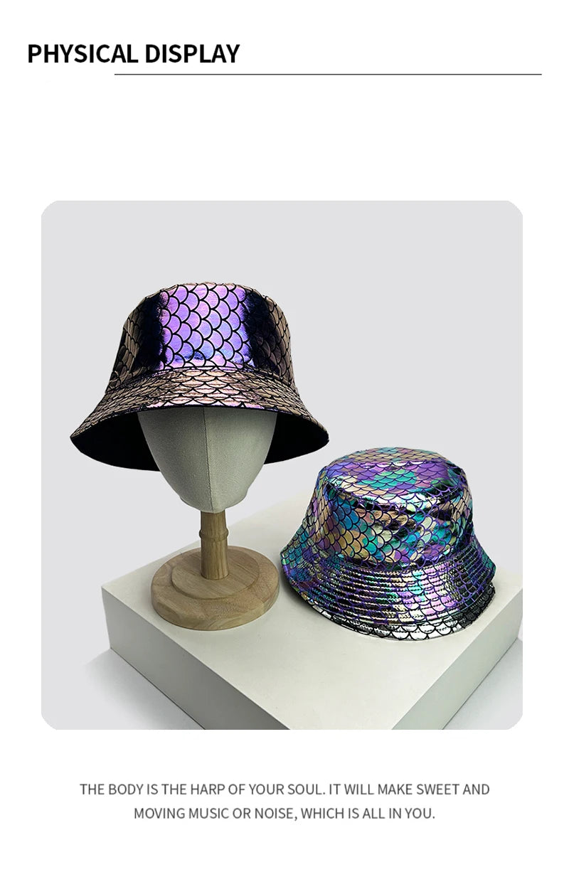 New Unisex Shiny PU Leather Colorful Bucket Hats Double Sided Sunshade Reflective Breathable Fisherman Caps Versatile Fashion