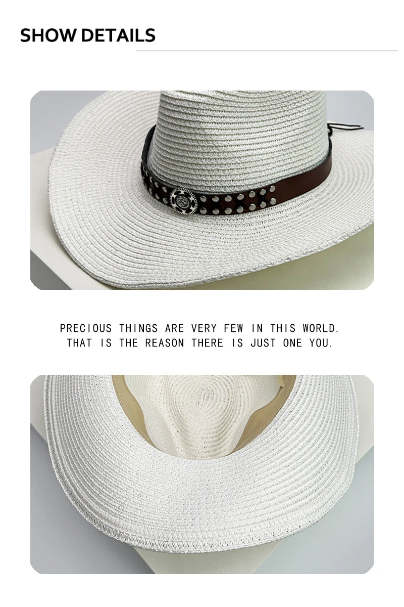 New Unisex Rivet Belt Personal Cowboy Hats Beach Outdoor Travel Sunshade Foldable Straw Caps Versatile British Retro Climb ins