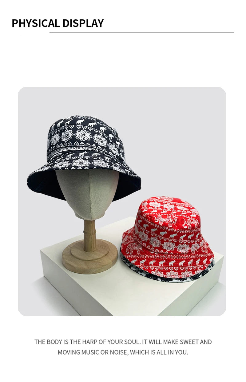 New Unisex Print Elephant Flower Bucket Hats Casual Sunshade Versatile Ethnic Style Double Sided Wearable Fisherman Caps Fashion