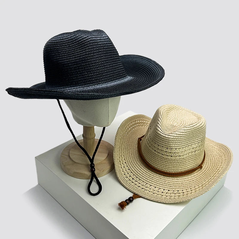 New Unisex Jazz Gradient Beach Cowboy Hats Windproof Rope Outdoor Climb Sunshade Travel Foldable Straw Caps Versatile Bandhnu