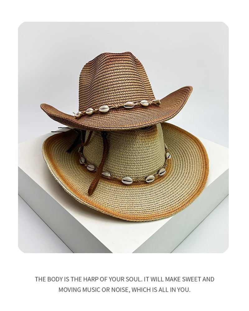 New Unisex Gradient Retro Cowboy Hats Jazz Hollow Out Outdoor Travel Shell Beach Sunshade Straw Wove Caps Versatile Foldable ins