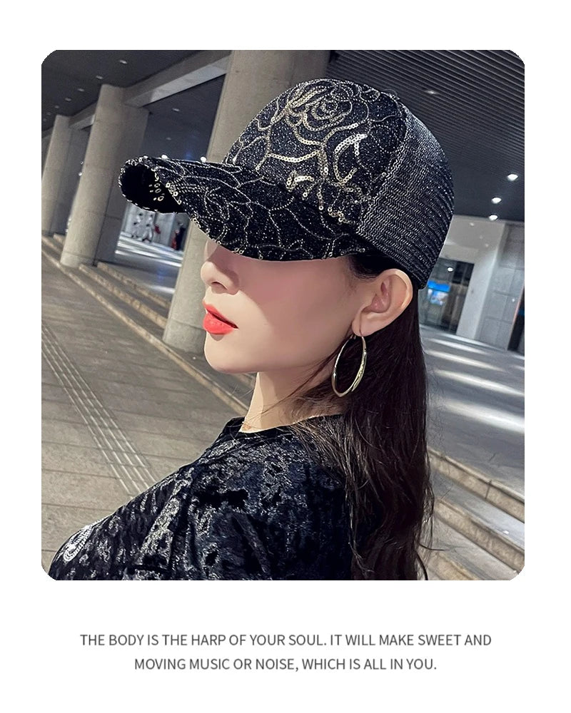 New Women Sequin Rose Baseball Hats Outdoor Breathable Casual Sunshade Personal Peaked Caps Versatile Fashion Westernized Retro