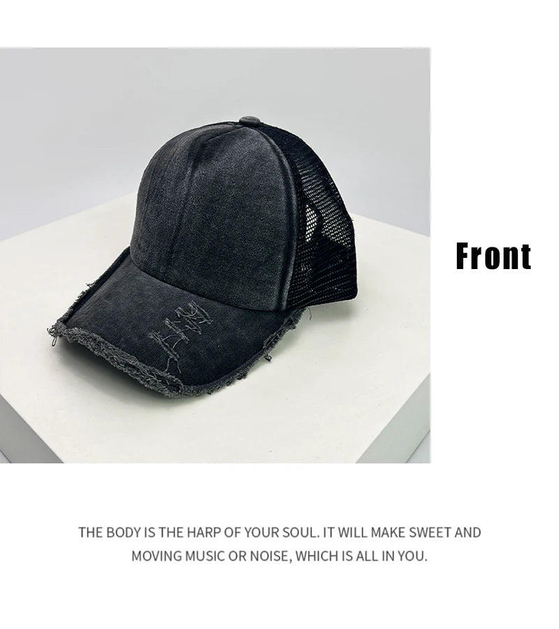 New Unisex Solid Rotten Edged Baseball Hats Mesh Breathable Sunshade Personal Trucker Caps Versatile Casual Fashion Broken Style