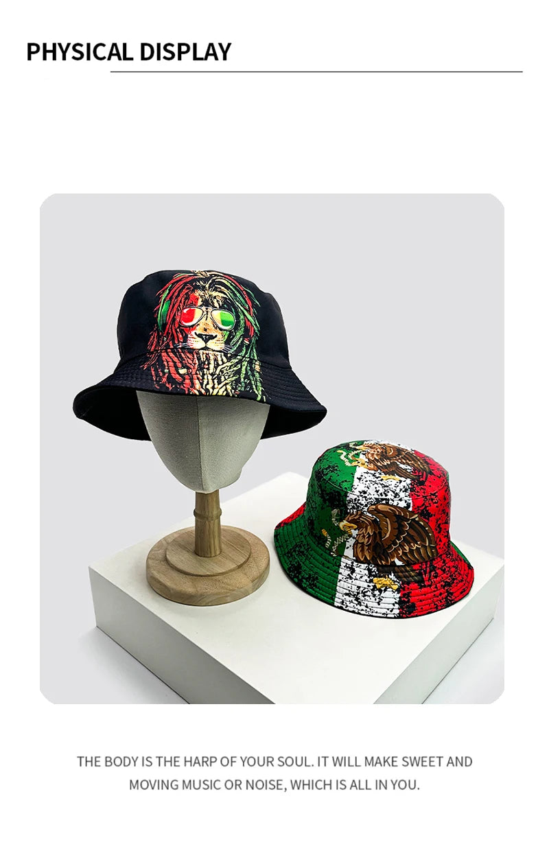 New Unisex Print Lion Graffiti Bucket Hats Sunshade Personal Versatile Double Sided Wearable Fisherman Caps Fashion Hip-Hop ins