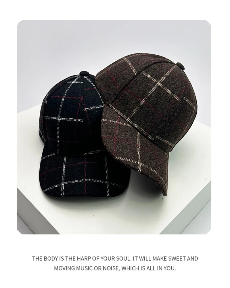 Autumn and Winter New Men Women Versatile Color Block Woolen Cloth Baseball Caps Cotton Fashion Casual  British Style Check Warm