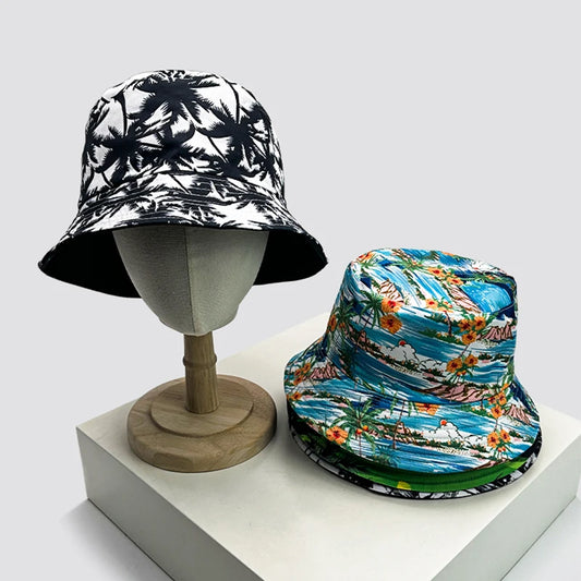 New Unisex Print Coconut Tree Bucket Hats Retro Sunshade Double Sided Wearable Fashion Fisherman Caps Versatile Casual Travel