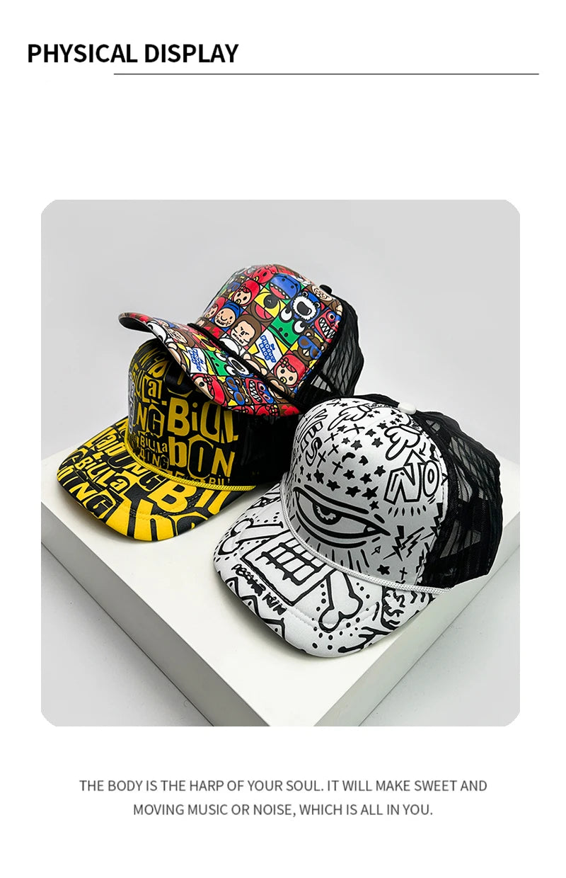 New Fashion Men Women Printed Cartoon Baseball Caps Breathable Sunshade Versatile Korean Hip Hop Half Mesh Hats ins Trend Street