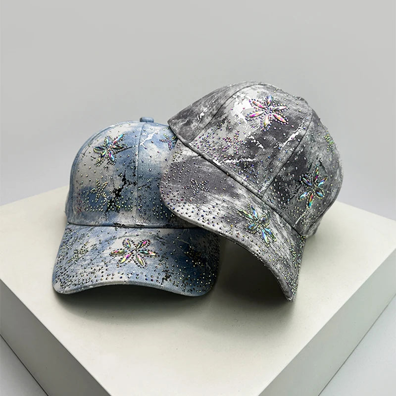 New Women Sparkling Diamond Flower Baseball Hats Bandhnu Breathable Outdoor Sunshade Peaked Caps Versatile Fashion Travel Casual