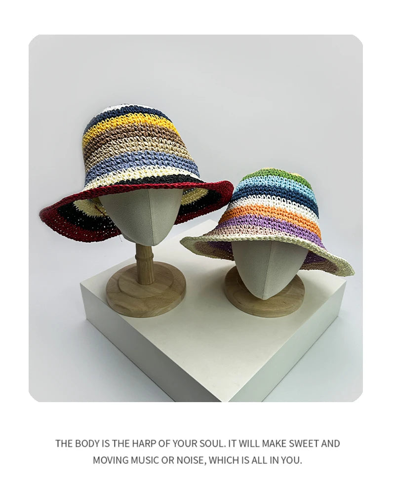 New Women Contrasting Colors Striped Bucket Hats Outdoor Sunshade Travel Breathable Casual Versatile Straw Caps Fashion Braided