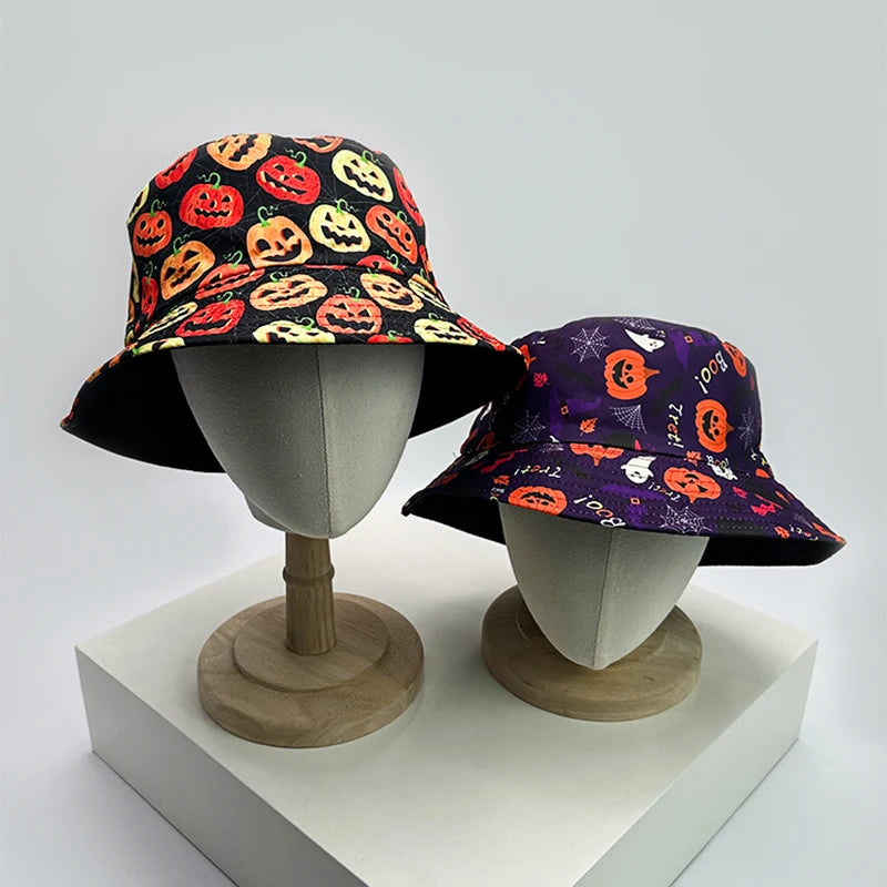 New Unisex Halloween Elements Graffiti Pumpkin Bucket Hats Sunshade Double Sided Wearable Versatile Fisherman Caps Fashion Funny