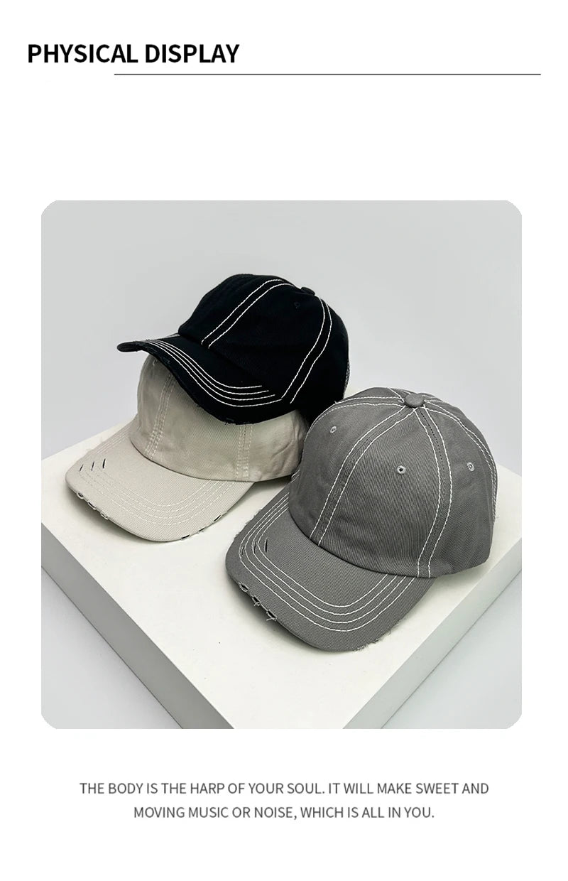 New Unisex Solid Distress Retro Baseball Hats Breathable Street Sunshade Simple Peaked Cap Versatile Fashion Casual Broken Style