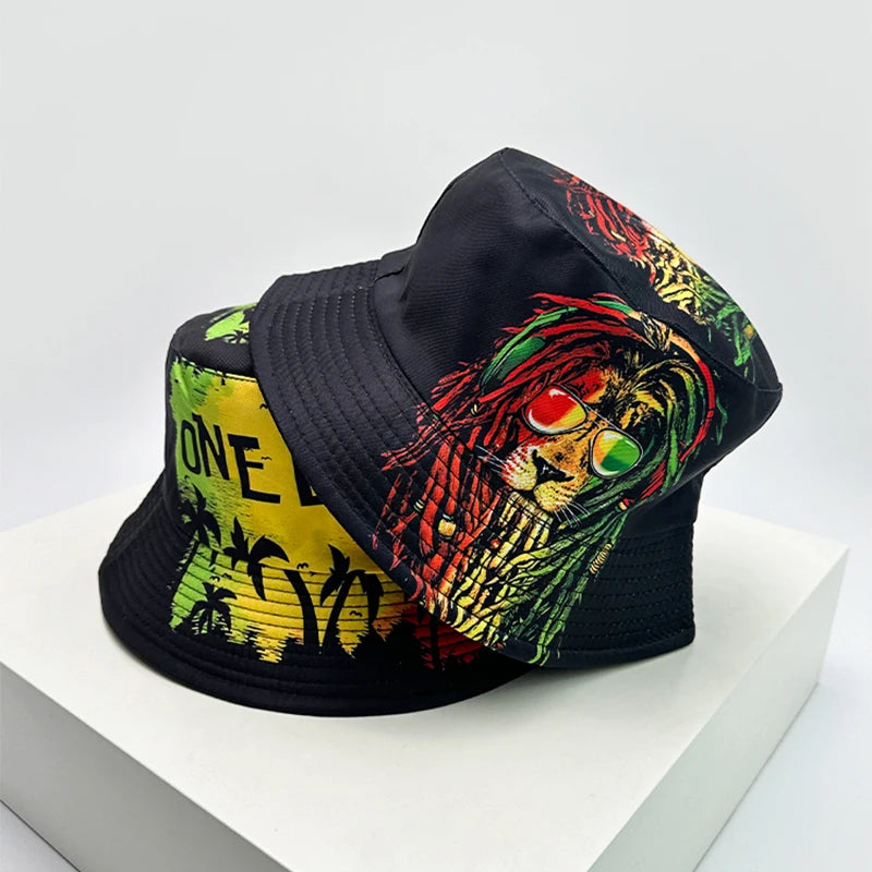 New Unisex Print Lion Graffiti Bucket Hats Sunshade Personal Versatile Double Sided Wearable Fisherman Caps Fashion Hip-Hop ins