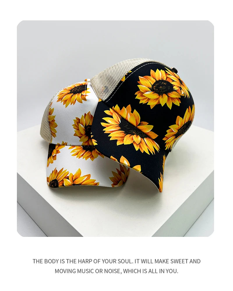 New Women Print Sunflower Color Block Baseball Hats Breathable Criss Cross Ponytail Sunshade Versatile Trucker caps Mesh Fashion