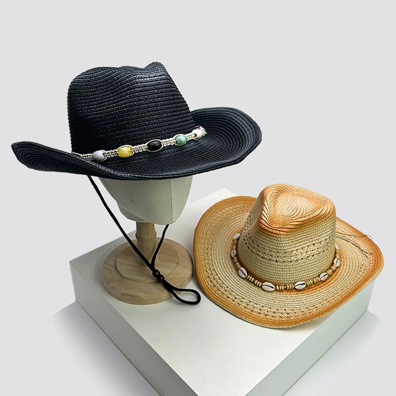 New Unisex Gradient Retro Cowboy Hats Jazz Hollow Out Outdoor Travel Shell Beach Sunshade Straw Wove Caps Versatile Foldable ins