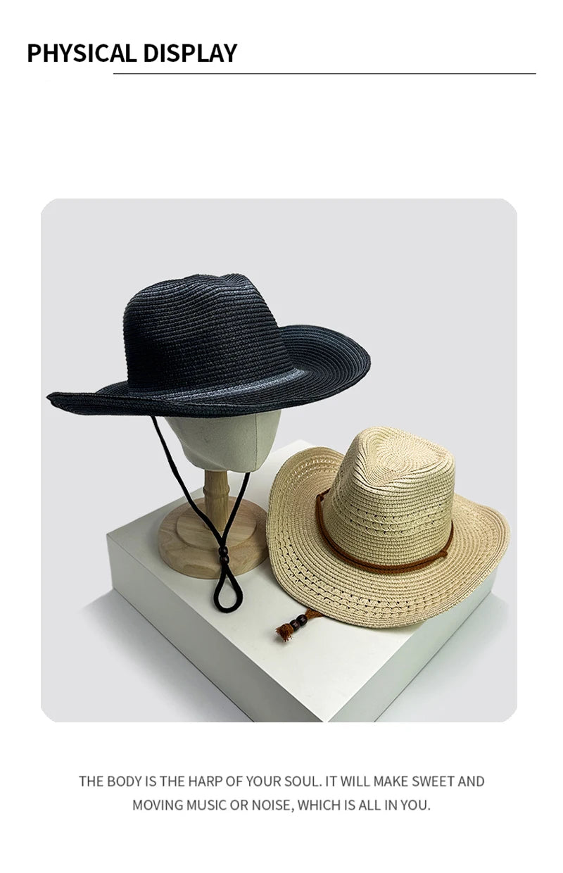 New Unisex Jazz Gradient Beach Cowboy Hats Windproof Rope Outdoor Climb Sunshade Travel Foldable Straw Caps Versatile Bandhnu