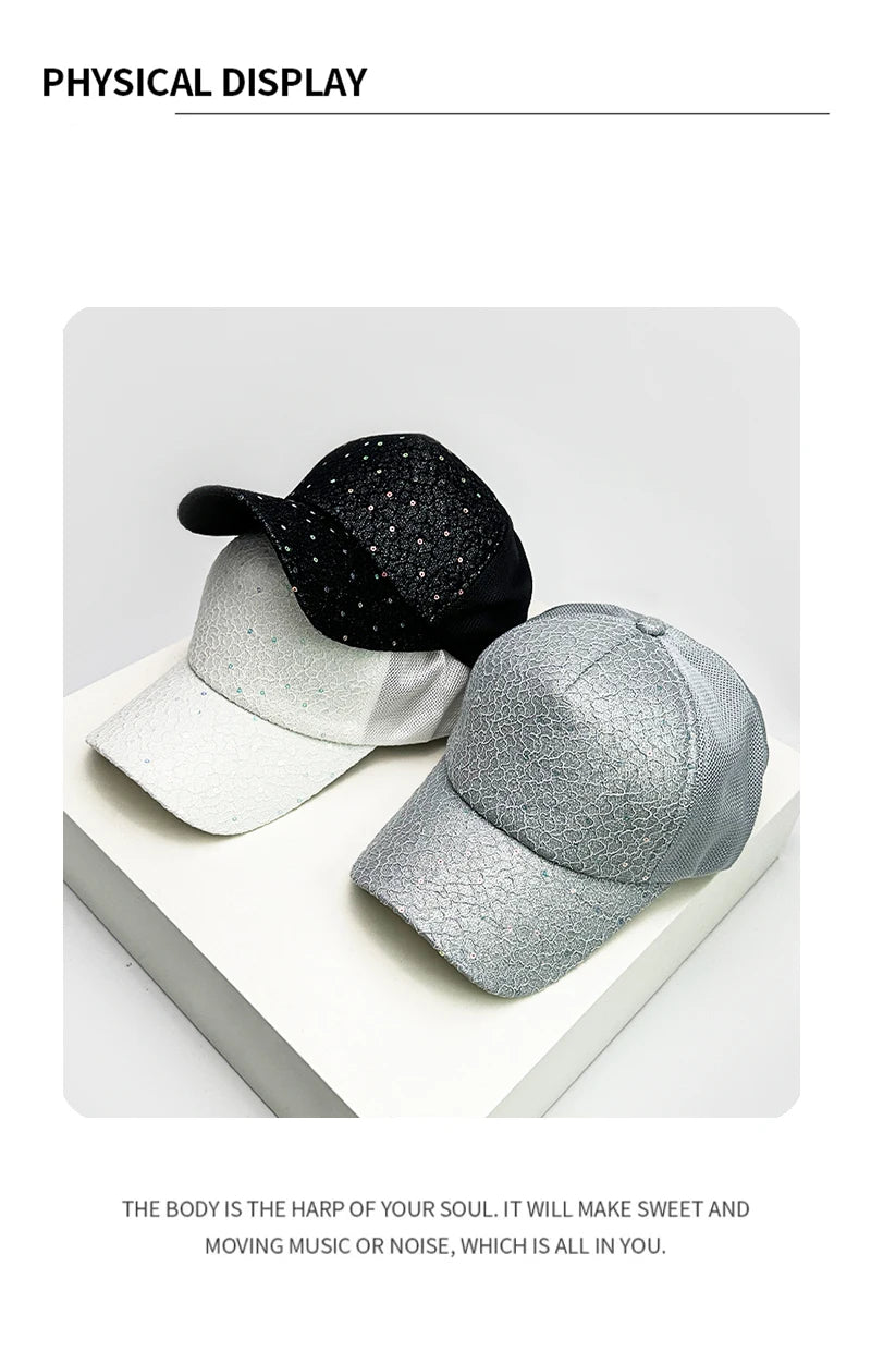 New Women Sequin Solid Baseball Hats Personal Breathable Outdoor Sunshade Casual Mesh Caps Versatile Fashion Korean Comfortable