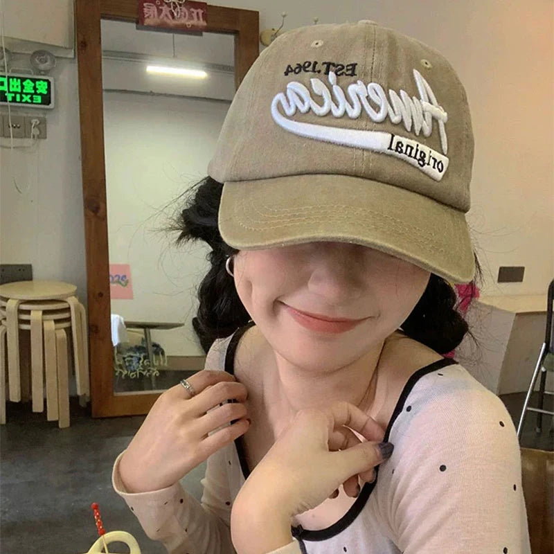 New Unisex Personal Letter Embroidery Baseball Hats Breathable Distress Sunshade American Retro Peaked Caps Versatile Street ins