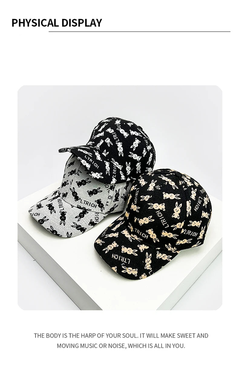 New Unisex Cute Rabbit Print Letter Baseball Hats Breathable British Retro Sunshade Outdoor Peaked Caps Versatile Fashion Casual