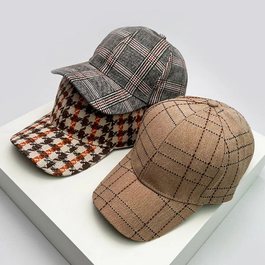 Autumn and Winter Men Women New Versatile Stripe British Style Baseball Caps Check Fashion Cotton Warm Soft Houndstooth Retro