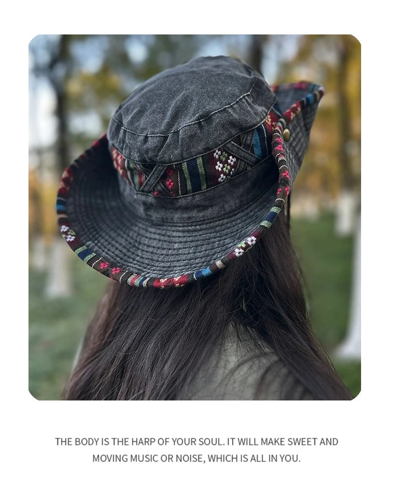 New Unisex Retro Travel Drawstring Bucket Hats Sunshade Outdoor Breathable Ethnic Style Versatile Alpine Caps Casual Fashion ins