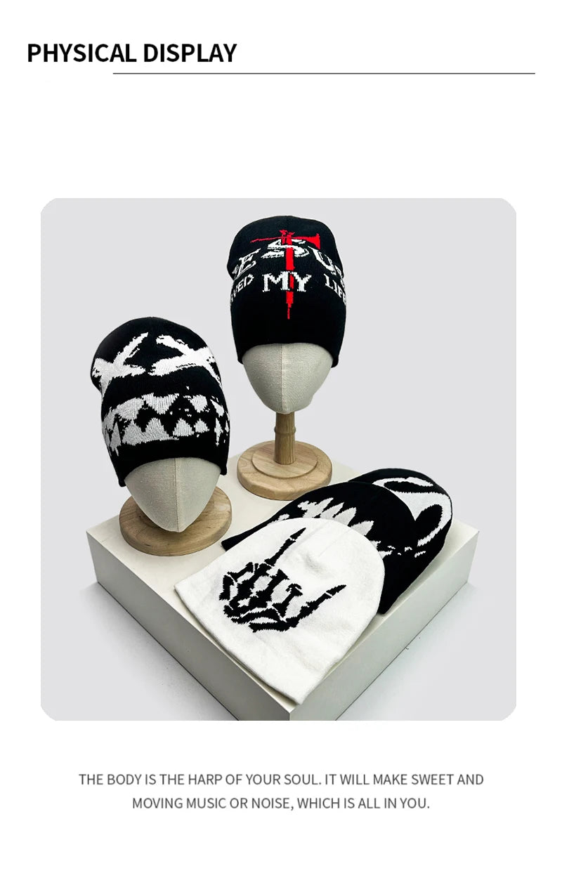 Autumn and Winter New Hip Hop Letter Funny Wool Knitted Hats Personal Warm American Style Beanies Versatile Street Fashion Niche