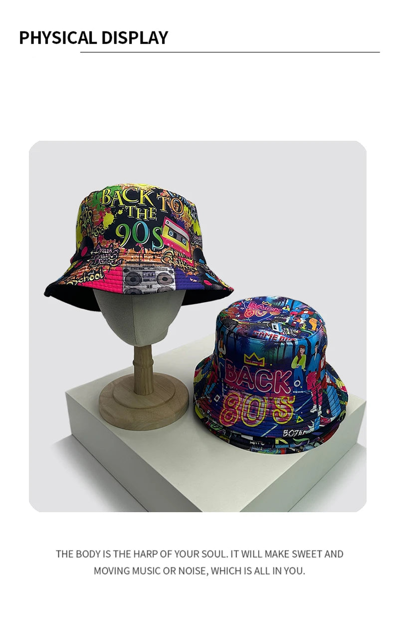 New Unisex Retro Disco Party Bucket Hats Sunshade Hip Hop Versatile Street Fashion Double Sided Wearable Casual Outdoor Travel