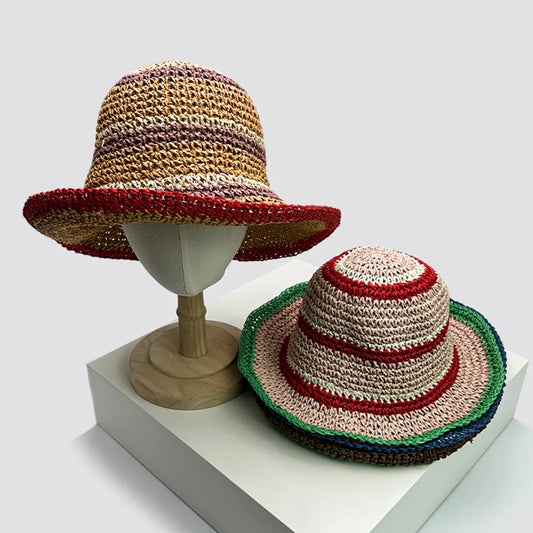 New Women Color Block Striped Bucket Hats Beach Sunshade Outdoor Breathable Casual Versatile Straw Caps Fashion Sweet Travel ins