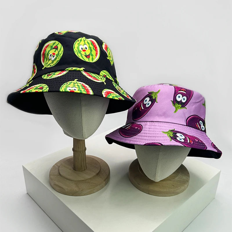 New Unisex Fruits Vegetables Print Bucket Hats Sunshade Versatile European American Fashion Double Sided Wearable Fisherman Caps