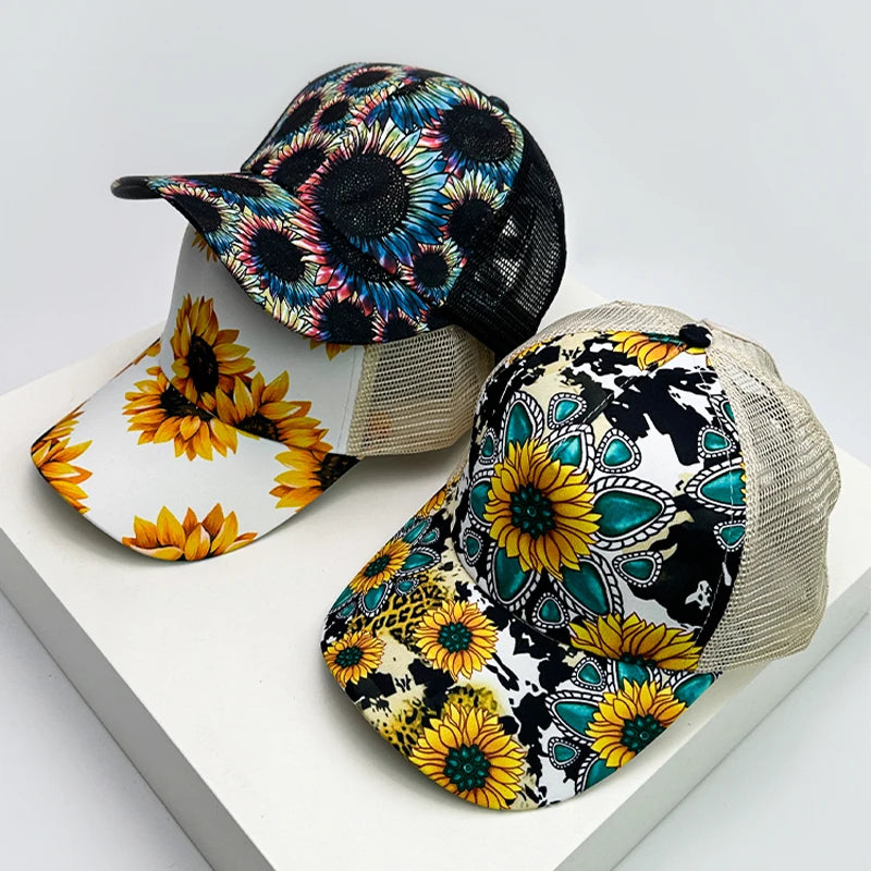 New Women Print Sunflower Color Block Baseball Hats Breathable Criss Cross Ponytail Sunshade Versatile Trucker caps Mesh Fashion