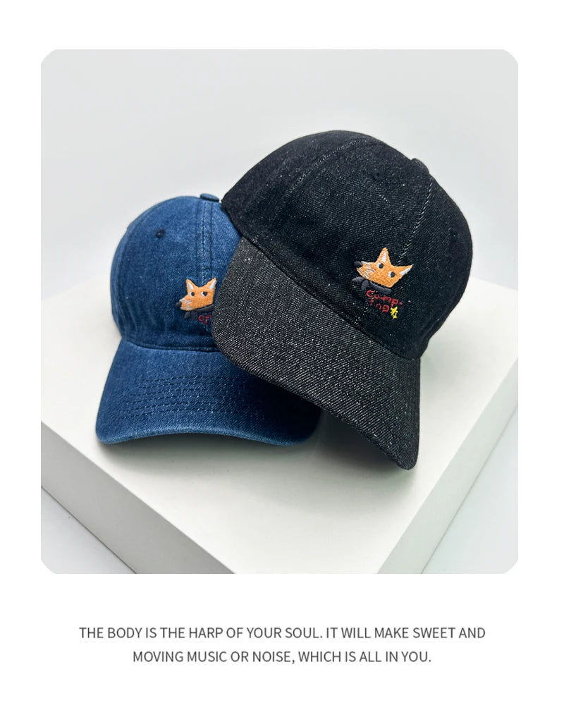 New Men Woman Denim Fun Cartoon Fox Embroidery Baseball Hats Sunshade Breathable Cute Snapback Caps Versatile Fashion Retro ins