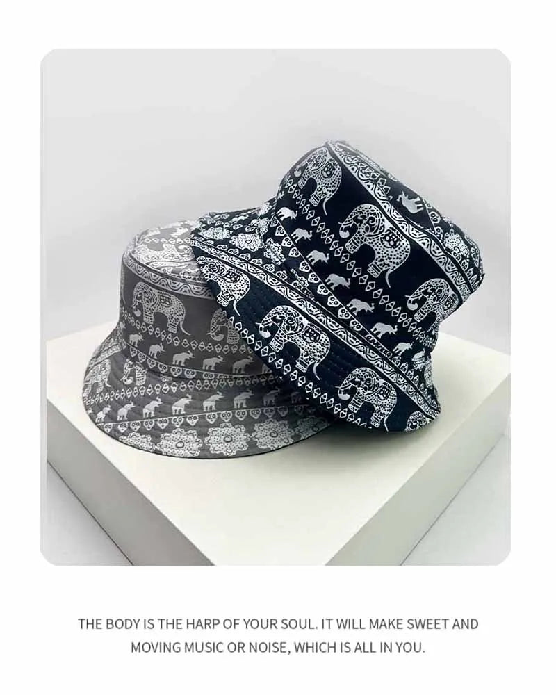 New Unisex Print Elephant Flower Bucket Hats Casual Sunshade Versatile Ethnic Style Double Sided Wearable Fisherman Caps Fashion